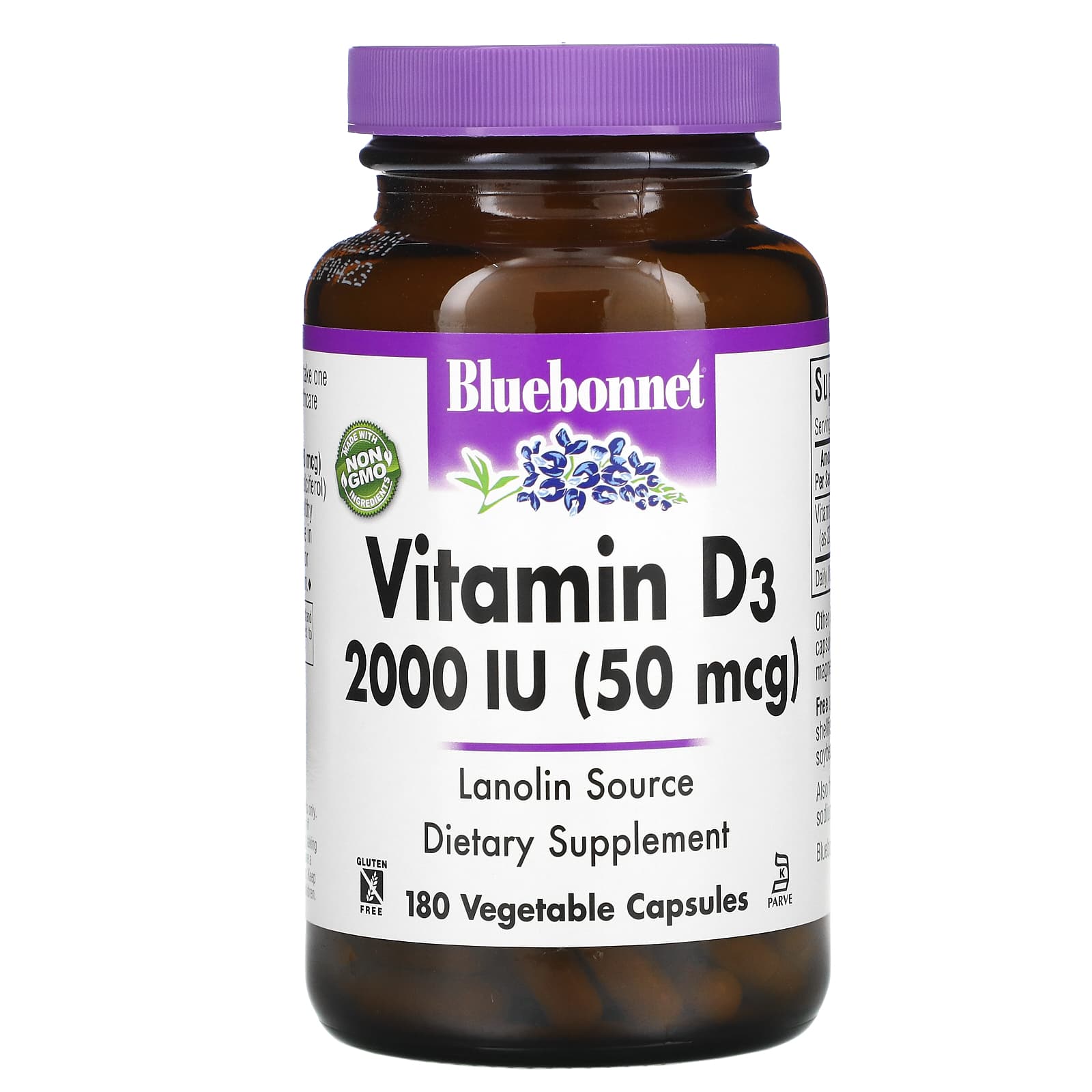 Bluebonnet, Vitamin D3, 50 mcg (2000 IU), 180 Vegetable Capsules UPC 743715003156 | HiLife Vitamins